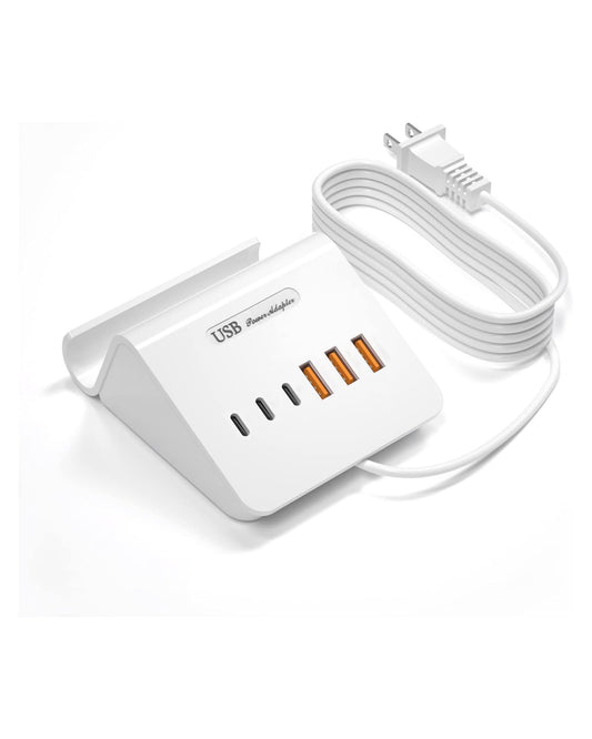 VHBW USB Charging Station, 6 Port 3USB-A and 3USB-C Charging Station for Multiple Devices, Multi USB Nightstand Charger Station with Phone Stand (ETL Listed, 6Ft Extension Cord, White)