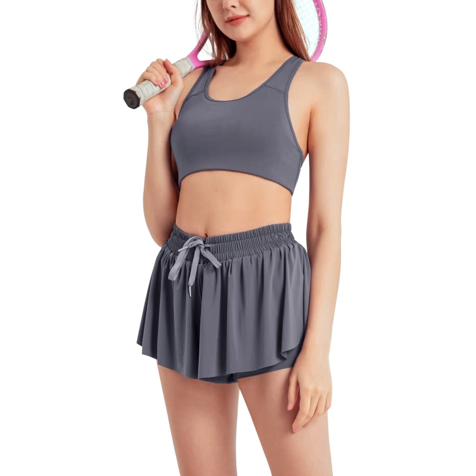 Womens 2 in 1 Flowy Shorts Quick-Dry Running Yoga Shorts Drawstring Fitness Workout Athletic Shorts Dark Grey S