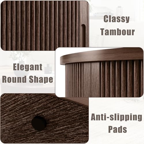LINSY HOME Round Coffee Table, 31.5" Drum Coffee Table with Sliding Tambour Door, Fluted Accent Center Table with Storage, Mid Century Modern Coffee Table for Living Room, Walnut