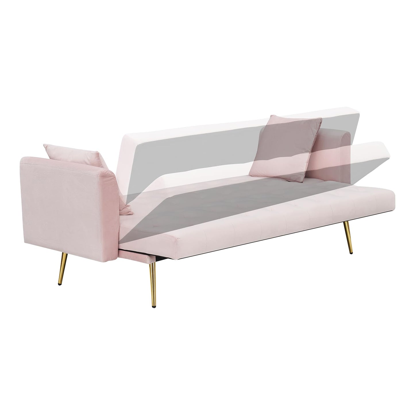 71" Modern Velvet Sofa Bed Futon, Convertible Sleeper Couch with Adjustable Backrest, Tufted Recliner Loveseat with Golden Chrome Legs & 2 Pillows for Small Spaces, Living Room, Apartment (Pink)