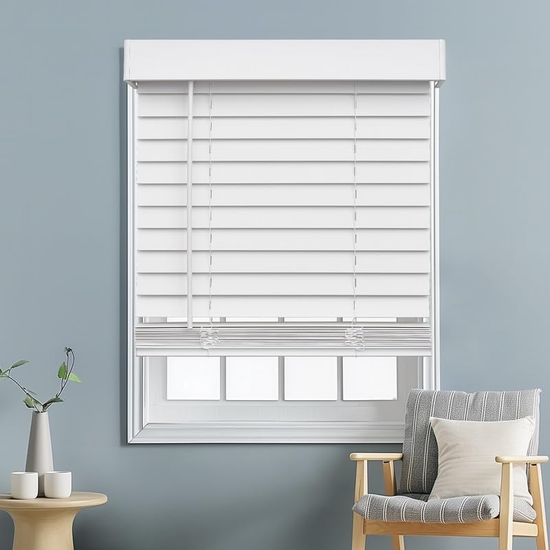 Keego 2" Slat Faux Wood Blind with Valance Cordless Window Blinds for Home, Office, Bedroom, Kitchen - White, Custom Size