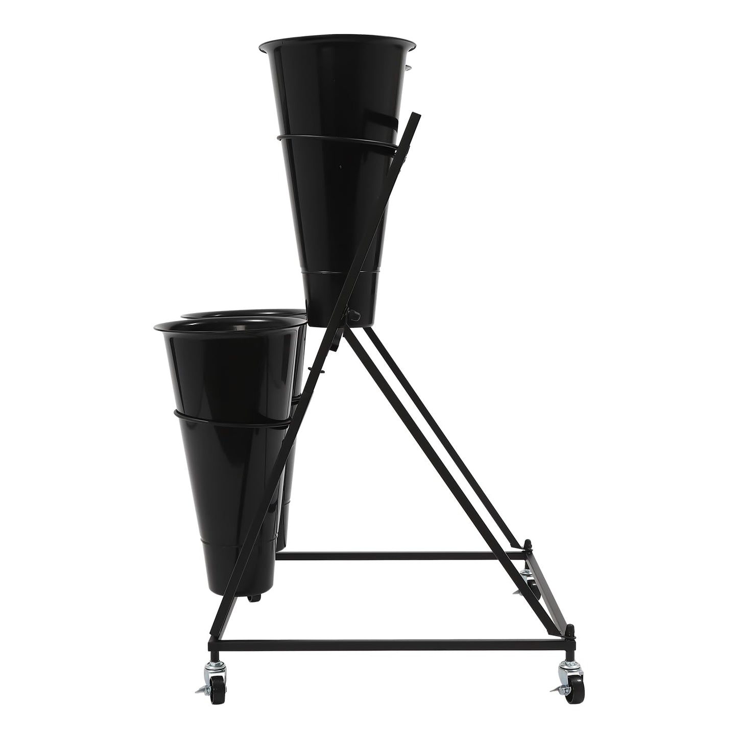 Nozue Flower Display Stand, with 4pcs Buckets, 2 Layers Metal Plant Stand with Wheels, Heavy Duty Detachable Plant Moving Cart Frame for Indoor, Living Room, Florist (Black- Black round bucket)