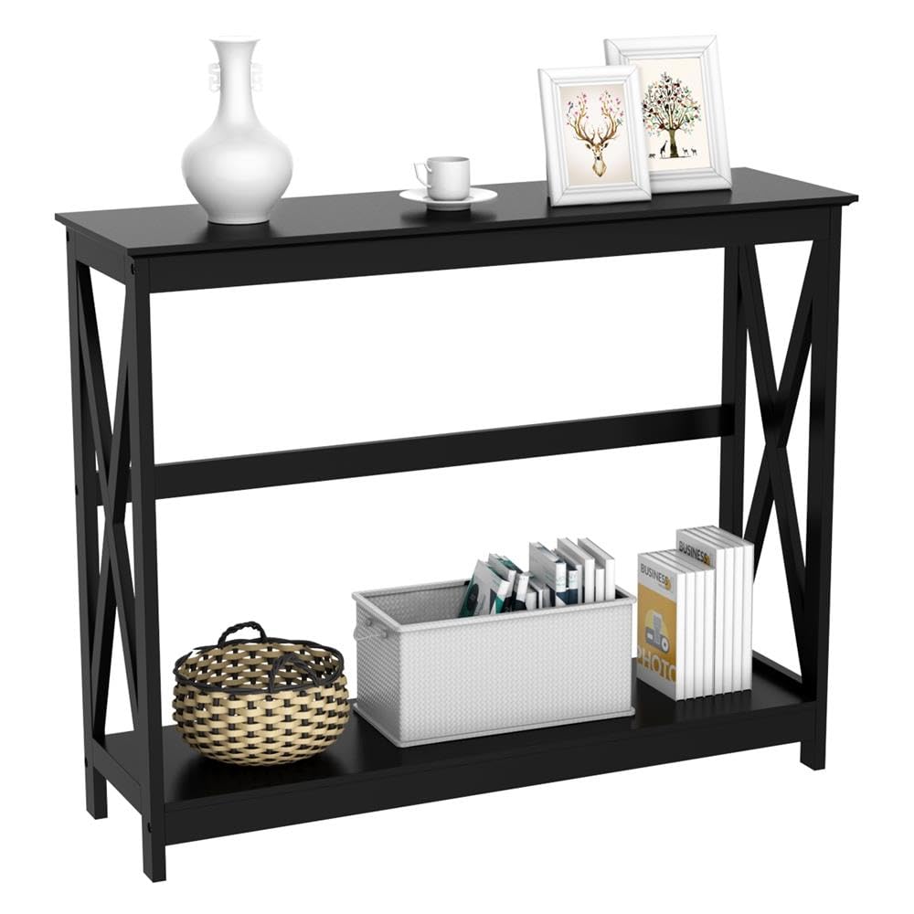 Yaheetech Console Table for Entryway, 2 Tier Entryway Table Bookshelf Accent Table w/Storage Shelf Living Room Entry Hall Foyer Table Furniture, Black,X-Design