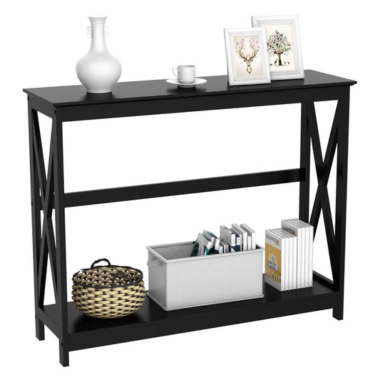Yaheetech Console Table for Entryway, 2 Tier Entryway Table Bookshelf Accent Table w/Storage Shelf Living Room Entry Hall Foyer Table Furniture, Black,X-Design