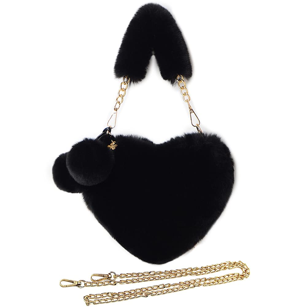 Rejolly Heart Shaped Purse for Women Fluffy Furry Bag for Girls Faux Fur Fuzzy Handbag Soft Small Valentine's Day Shoulder Bag with Chain Strap Black