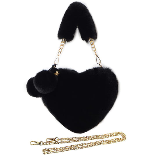 Rejolly Heart Shaped Purse for Women Fluffy Furry Bag for Girls Faux Fur Fuzzy Handbag Soft Small Valentine's Day Shoulder Bag with Chain Strap Black