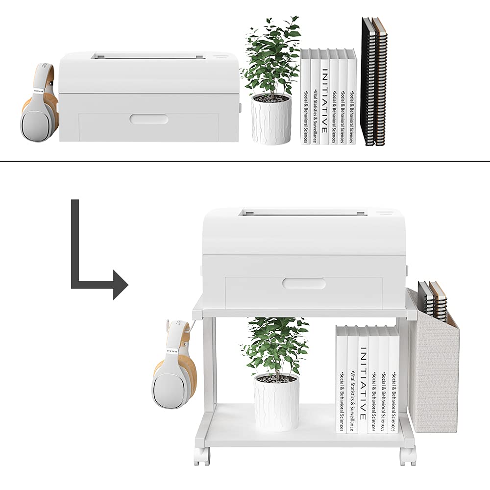 VEDECASA 2 Tier Modern White Wooden Under Desk Printer Stand with Storage Bag for Home Office Desktop Printer Table Organizer Mobile Printer Shelf Cart with Caster Wheel (White)