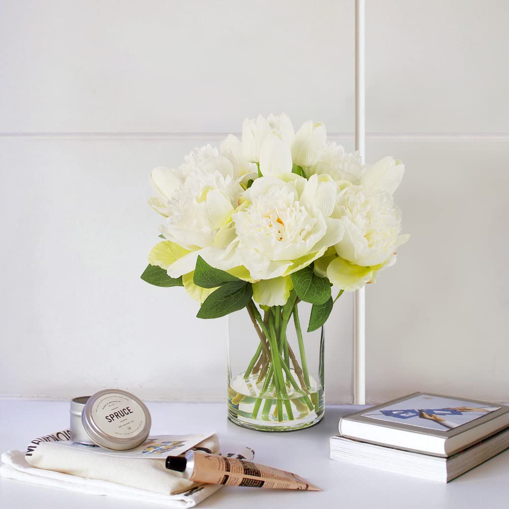 ENOVA FLORAL Artificial Flower Arrangement with Vase, Faux Flower in Vase, Mixed Artificial Real Touch Tulip and Fake Silk Peony Flower in Vase for Decoration Home Office(Cream)