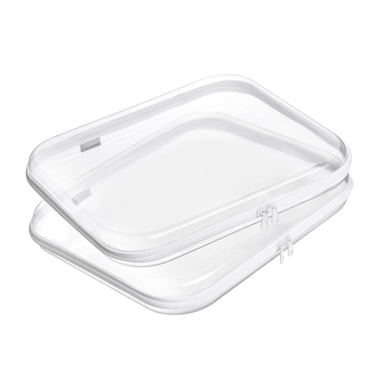 YQBRAO Hard Sided Clear Zipper Case for Storage- Professional-Grade Plastic Clear Zipper Pencil Case,Toy Storage Bins, Toiletry Pouch, Travel Organizer, Cosmetic Bag（White,2 Pack, L）