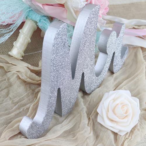Mr and Mrs Signs Wedding Table Decorations, Wooden Freestanding Letters for Photo Props, Rustic Wedding Decoration, Anniversary Wedding Shower Gift (Silver)