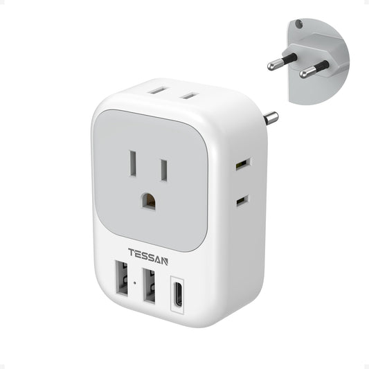 European Travel Plug Adapter USB C, TESSAN International Plug Adapter with 4 AC Outlets 3 USB Charging Ports, Type C Europe Power Adaptor for US to EU France Germany Iceland Spain Italy