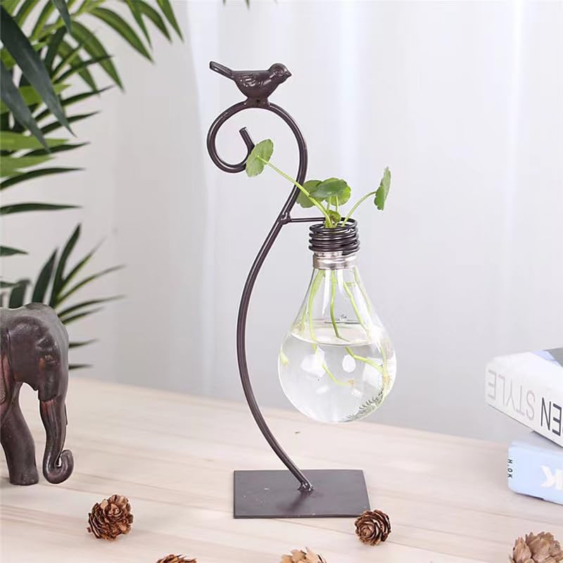 Calnegaris Desktop Glass Planter Hydroponics Vase, Planter Bulb Vase with Holder, Creative Bird Lant Terrarium Stand for Home Decor, for Flowers, Succulents, Propagation