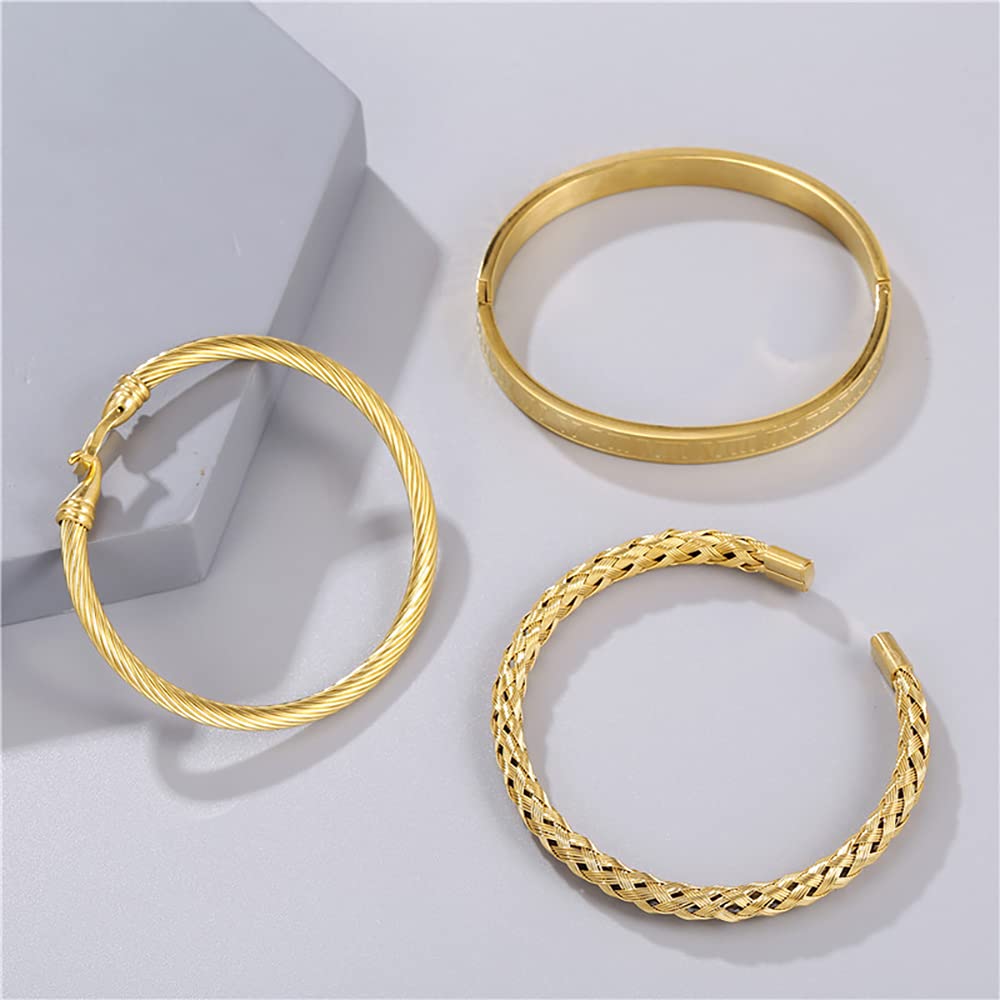 WFYOU 3PCS Stainless Steel Bracelets for Men Gold Roman Numeral Bangle Bracelet Twisted Cable Bracelet Adjustable Cuff Bracelet Mens Luxury Jewelry Bracelets Gifts