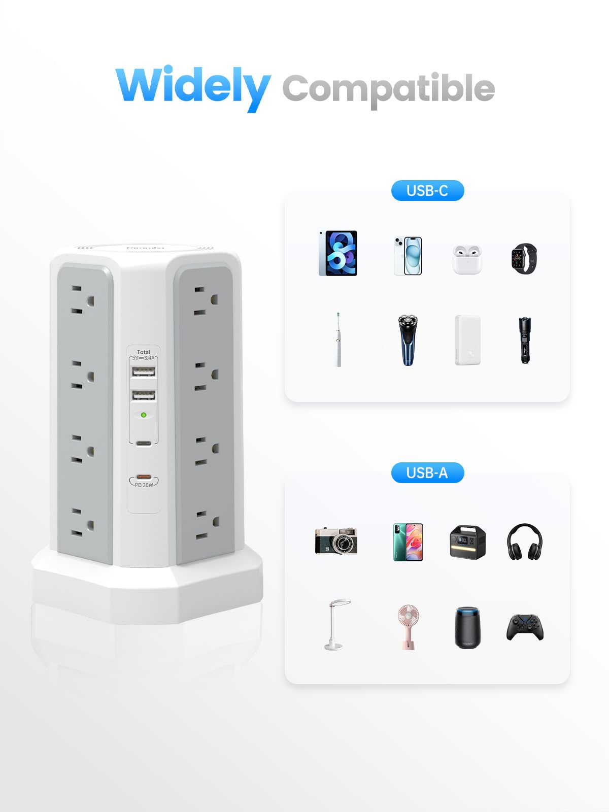 Power Strip Tower Surge Protector with 4 USB Ports (PD 20W), 6FT Extension Cord with 16 AC Multiple Outlets, Charging Station Tower with Surge Protection for Home Dorm Office Supplies