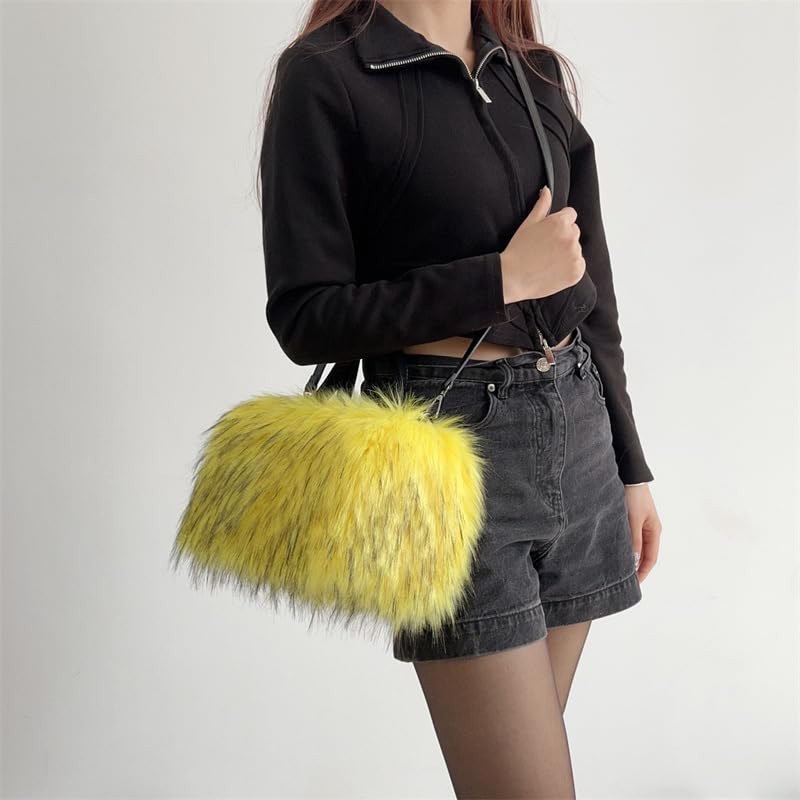 Furry Shoulder Bag For Women Fuzzy Faux Fur Large Plush Tote Handbag Cute Soft Fluffy Purse Carrying Sweet Cool Y2k Style (Yellow)
