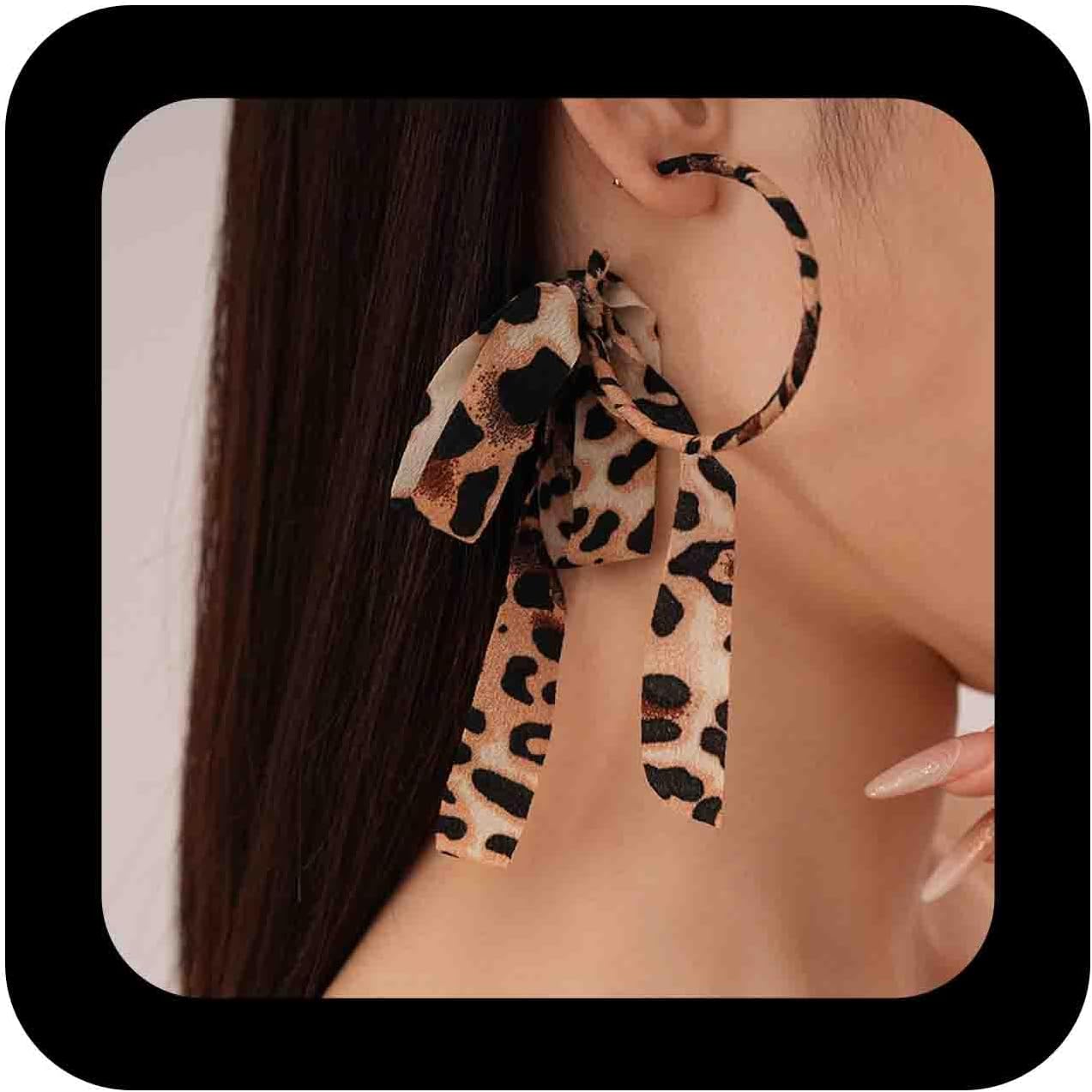 Vintage Large Leopard Ribbon Dangle Hoop Earrings Jewelry for Women