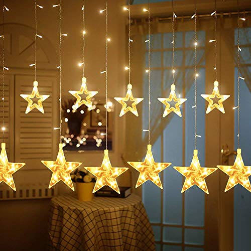 TOFU Star Curtain Lights, 108 Led 12 Stars Remote Window Curtain String Lights Plug in with 8 Flashing Modes Decoration for Christmas, Wedding, Bedroom, Party, Birthday, 7.3ft W, 3.3ft H, Warm White