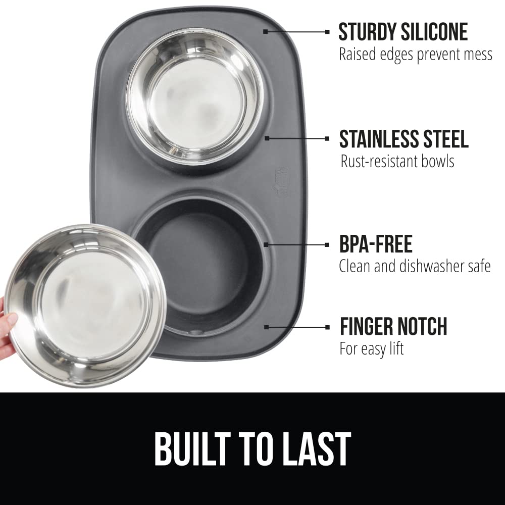 GORILLA GRIP Patent Pending 100% Waterproof BPA Free Cat and Dog Bowls Silicone Feeding Mat Set, Stainless Steel Bowl Slip Resistant Raised Edges, Catch Water, Food, Pet Accessories, 2 Cup, Gray