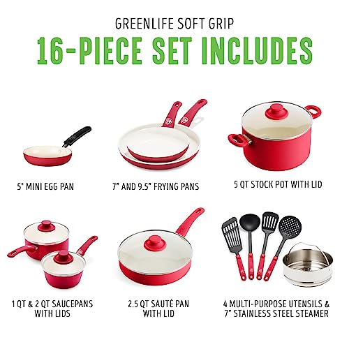 GreenLife 16 Piece Nonstick Cookware Set, Soft Grip Non-Toxic PFAS-Free Ceramic Pots & Pans, Dishwasher & Oven Safe, Frying, Sauce, Saute, Utensils, Glass Lids, Stay-Cool Handles, Wobble Free, Red