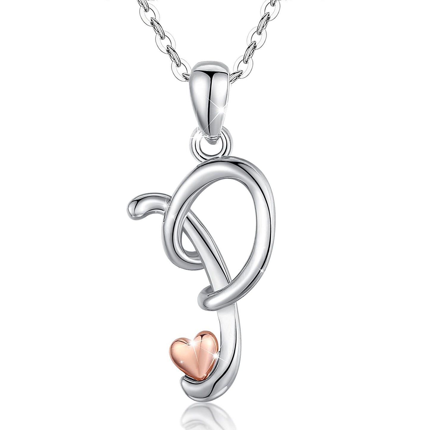 CELESTIA 925 Sterling Silver Initial Necklaces 26 Letter with Rose Gold Heart - 18 Inch Chain