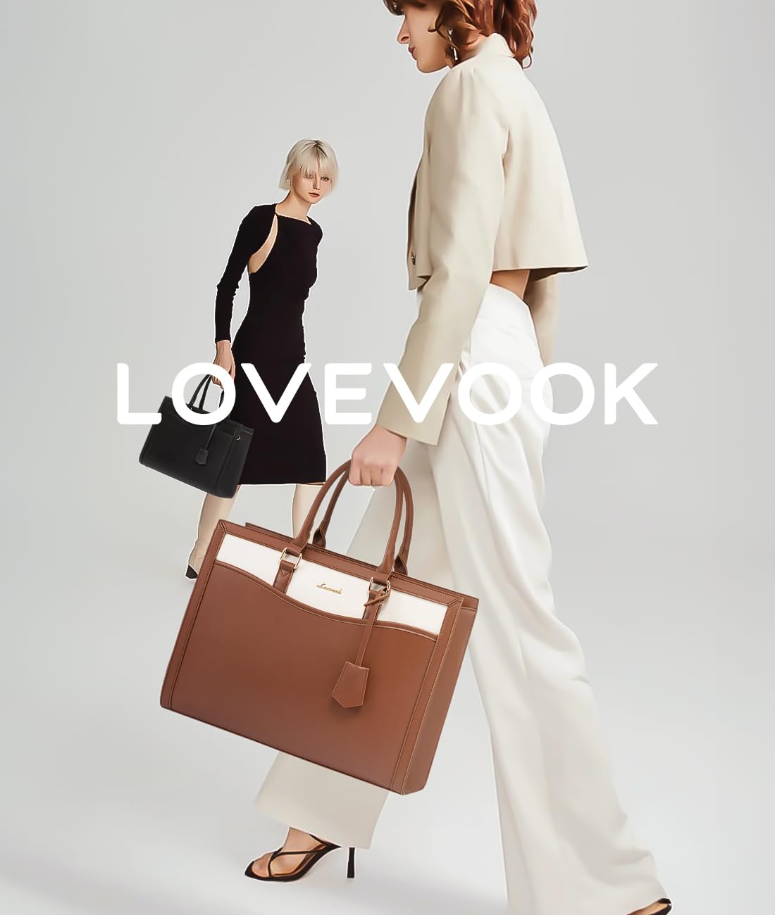 LOVEVOOK Laptop Tote Bag for Women, Leather Office Work Bag Briefcase fit for 15.6 inch Laptop, Large Teacher Computer Bag Handbag,2pcs Set Leather/Brown-White