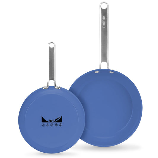 MsMk Ceramic Nonstick 8-inch and 10-inch Frying Pan Set, No PFAS & PTFE & PFOA, Stainless Steel Handle, Dishwasher & Oven Safe,Blue