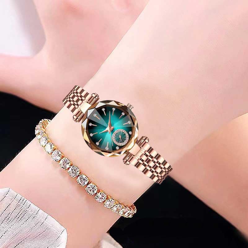 Women Watches with Bracelet Rose Gold for Lady Elegant Stainless Steel Strap Fashion Analog Creative Diamond Dial Women's Wrist Watches (Green)