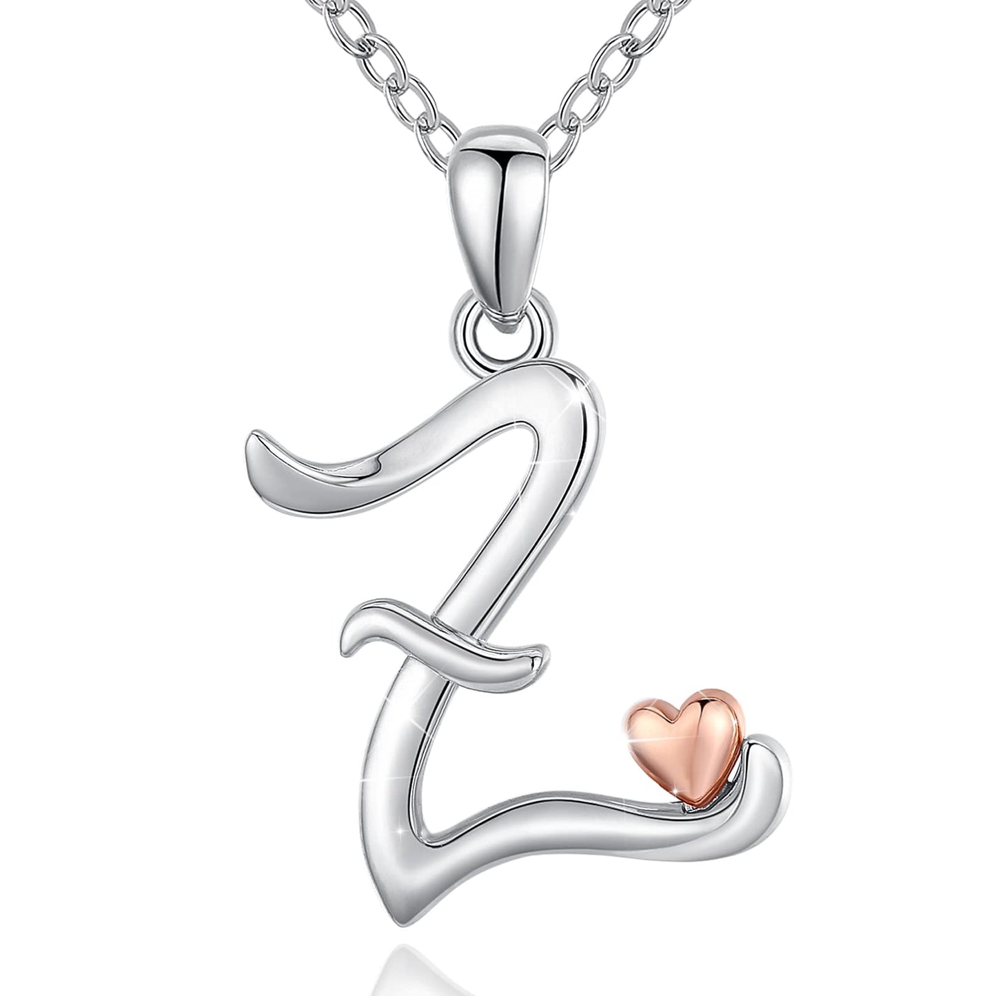CELESTIA 925 Sterling Silver Initial Necklaces 26 Letter with Rose Gold Heart - 18 Inch Chain