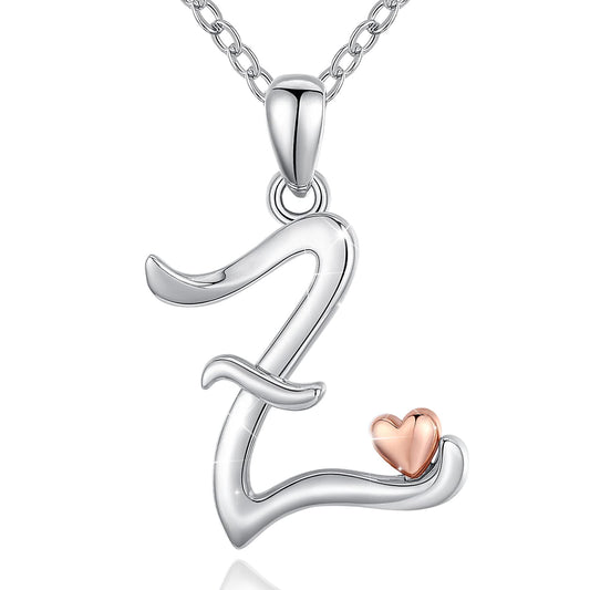 CELESTIA 925 Sterling Silver Initial Necklaces 26 Letter with Rose Gold Heart - 18 Inch Chain