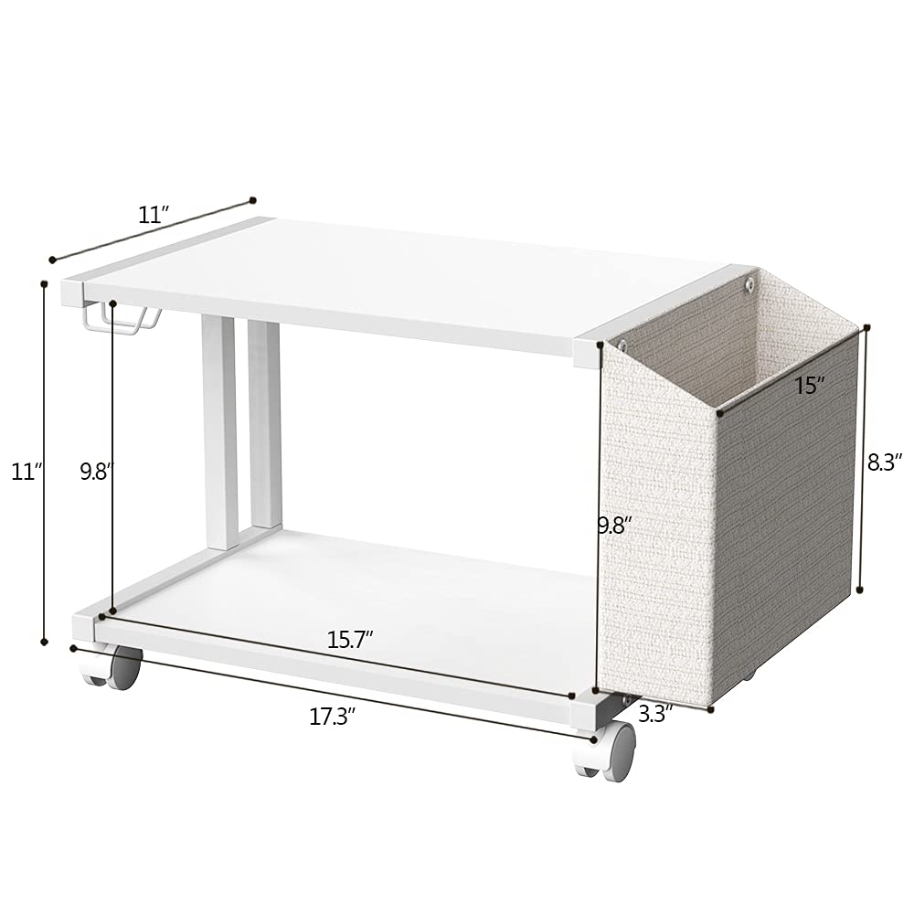 VEDECASA 2 Tier Modern White Wooden Under Desk Printer Stand with Storage Bag for Home Office Desktop Printer Table Organizer Mobile Printer Shelf Cart with Caster Wheel (White)