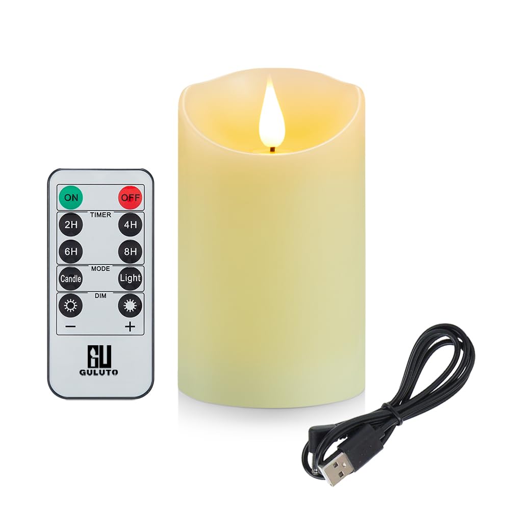 Guluto Flickering Flameless Candles with Rechargeable Battery, Electronic Candles with Remote and Timer, led Pillar Candles Real Wax Wick, led Candles for Home, Wedding, Halloween, Christmas 3" x 4"