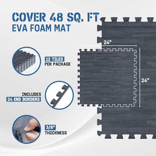 Yes4All EVA Interlocking Mats, Puzzle Floor Tiles, Foam Floor Padding with Border for Furniture, Home Space, Living Room, Garage 48 SQFT