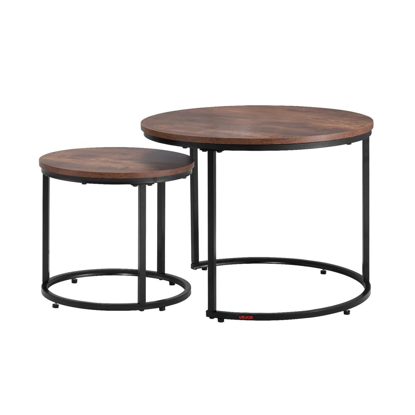 VEVOR Nesting Tables, Coffee Table Set of 2, 23.6 inch Round Coffee Table, Small Coffee Tables Night Stand with Metal Frame, for Living Room, Bedroom, Office (Brown & Black)