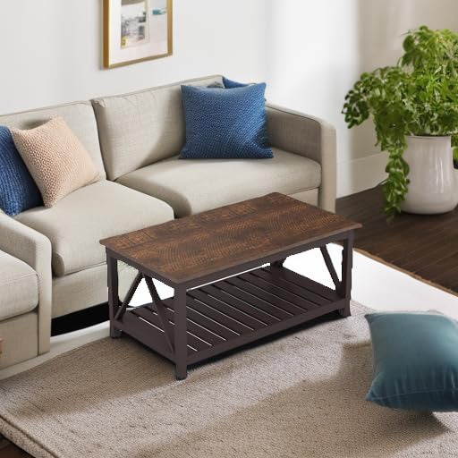 ChooChoo Farmhouse Coffee Table, Rustic Vintage Living Room Table with Shelf, 40 Espresso