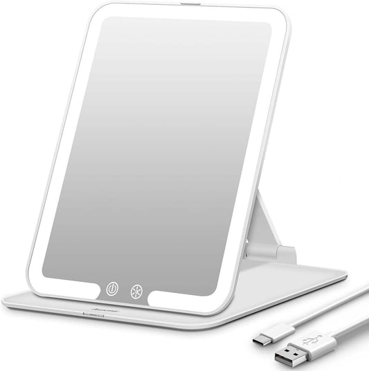 Rechargeable Travel Makeup Mirror with Lights, Portable Folding Mirror with 3 Color Lighting, Travel Makeup Mirror with 72 LEDs, Touch Dimming, Ultraslim & Lightweight Vanity Mirror