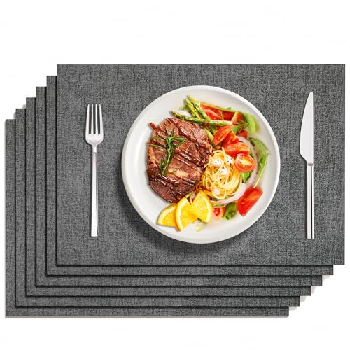 DOLOPL Placemats Set of 6 – Elegant Double Side Washable Place Mats for Dining Table, Heat Resistant Wipeable Reversible Modern Dining PU Table Mats for Kitchen, Office, Outdoor Use (Charcoal)