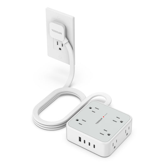 Surge Protector Flat Extension Cord Flat Plug Power Strip, 8 AC Outlets, 3 USB Charger(1 USB C Port) 3-Sided Outlet Extender, 5 Ft, 900 Joules Protection, Office Supplies, Dorm Room Essentials, Grey