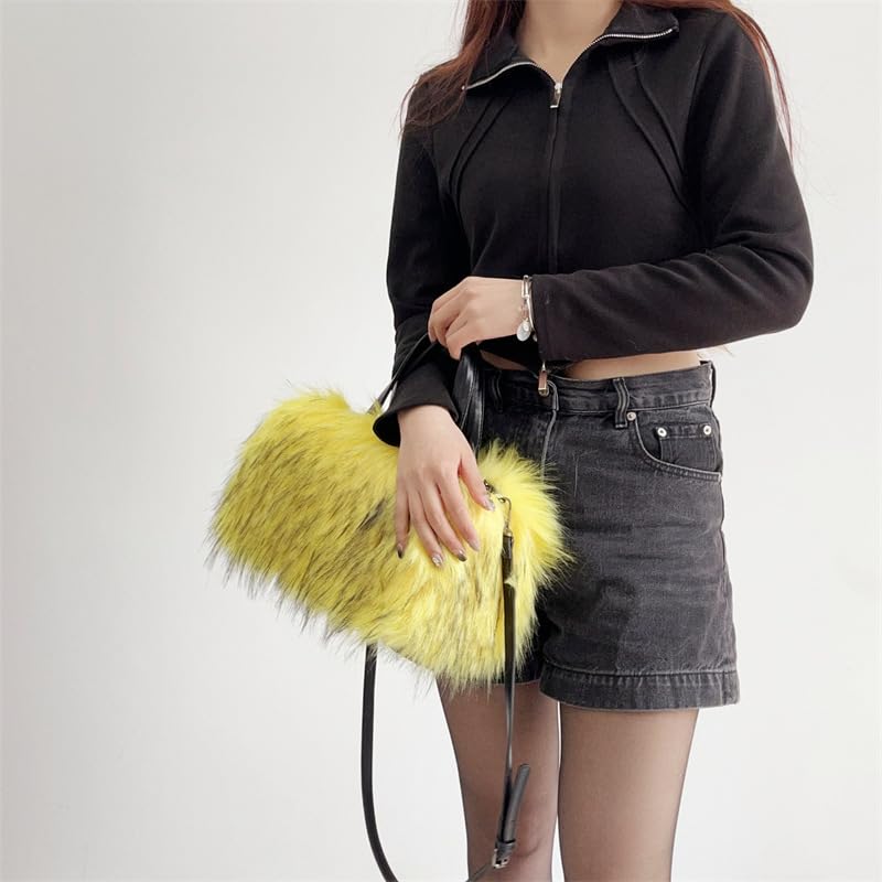 Furry Shoulder Bag For Women Fuzzy Faux Fur Large Plush Tote Handbag Cute Soft Fluffy Purse Carrying Sweet Cool Y2k Style (Yellow)
