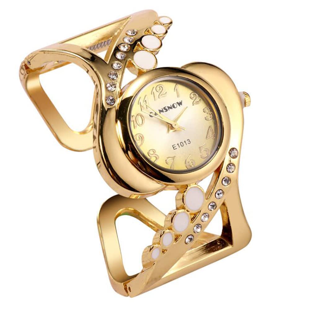 Weicam Women Luxury Crystal Cuff Bracelet Round Dial Analog Quartz Wrist Watch for Ladies (Gold)