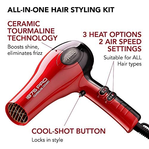 KISS 1875 Watt Pro Tourmaline Ceramic Hair Dryer, Styling Edition, 3 Heat Settings, 2 Speed Settings, Cool Shot Button, 7 Blow Dryer Accessories Included, 2-Year Warranty - Red