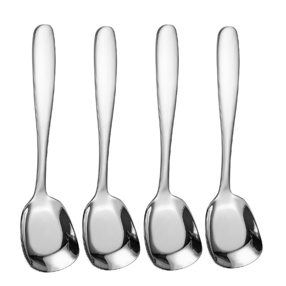 Square Head Stainless Steel Spoons,4PCS Korean style Thick Heavy Weight Soup Spoons,Dessert Spoons 7.3 Inch (silver)