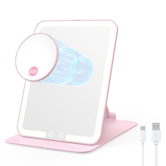 Benbilry Foldable Travel Makeup Mirror with Lights and 20X Magnification, Rechargeable Tabletop LED Vanity Mirror with Adjustable Stand, 3-Colored Dimmable Lighting, Portable Cosmetic Mirror, Pink