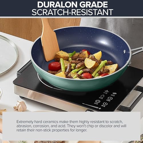Nuwave 3-Piece 8”, 10”, 12” Forged Lightweight Frying Pan Set, G10 Healthy Duralon Blue Ceramic Ultra Non-Stick, Ergonomic Stay-Cool Handles, Induction-Ready & Works on All Cooktops