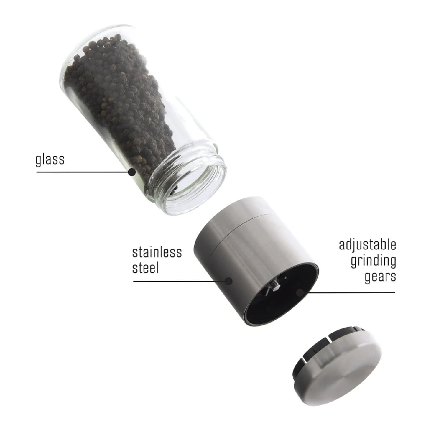 Bunchtou Original Stainless Steel Pepper Grinder or Salt Mill 1pk - Coarseness Adjustable Sea Salt Grinder or Pepper Mill Grinder - Small Manual Salt Pepper Shakers with Glass Container