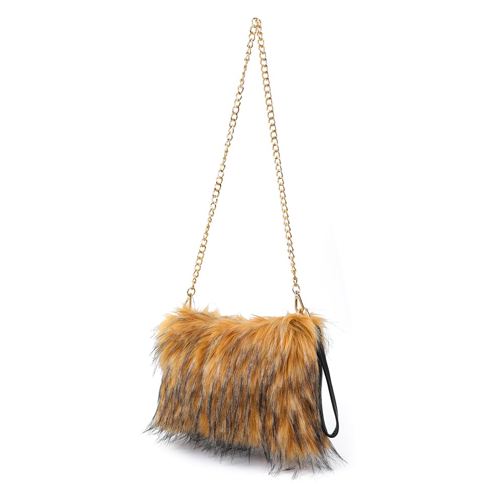 ZOSCGJMY Evening Faux Fur Handbags for Women Furry Fluffy Fuzzy Bags Purse Crossbody Shoulder Strap (Brown)
