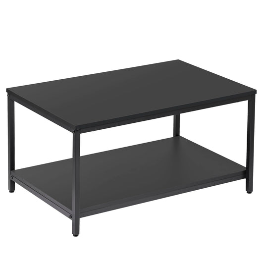 SUPER DEAL 2-Tier Industrial Coffee Table with Storage Shelf for Small Apartment Living Room, Rectangle Wood and Stable Metal TV Stand Side End Table, Black
