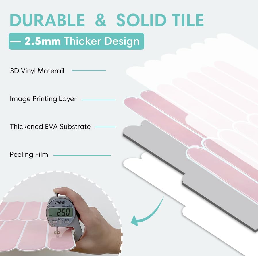 Commomy Thicker Pink Peel and Stick Backsplash - 10 pcs of 12" x 12" - 3D Adhesive Peel and Stick Tiles Backsplash for Kitchen, Bathroom, Removable, Waterproof, Vinyl Wall Tile