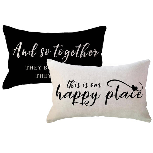 ULOVE LOVE YOURSELF Home Saying Throw Pillow Covers with Our Happy Place Quote Rustic Farmhouse Decor Lumbar Pillow Cases 12" x 20",2Pack Housewarming Gifts for Sofa/Couch/Porch (Black)