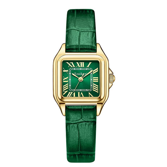 Szaikyri Classic Square Watches for Women with Roman Numerals Ladies Casual Dress Watch (Green-Gold)