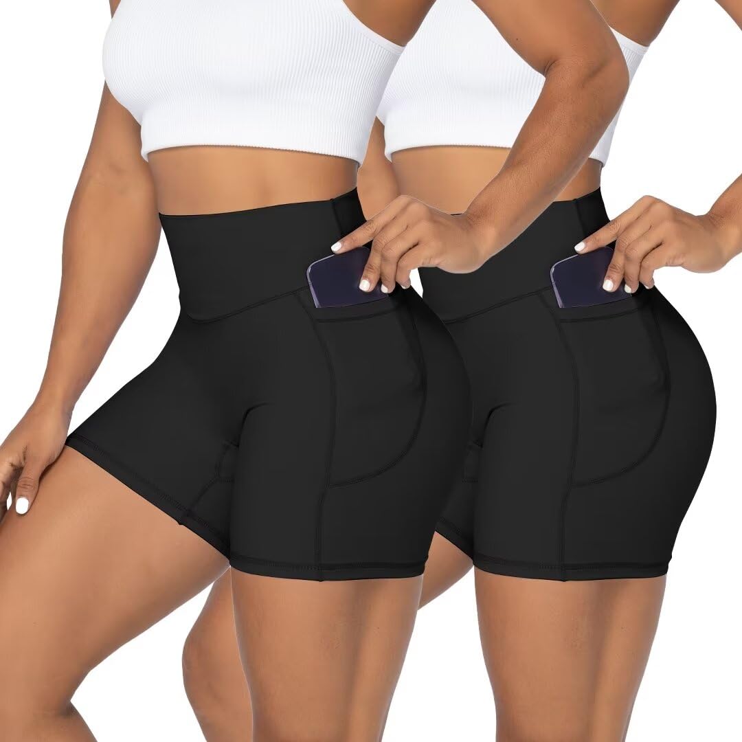 Sunzel Women's Biker Shorts in High Waist Tummy Control with Deep Pockets 5" Black+Black (2 Pack) X-Large